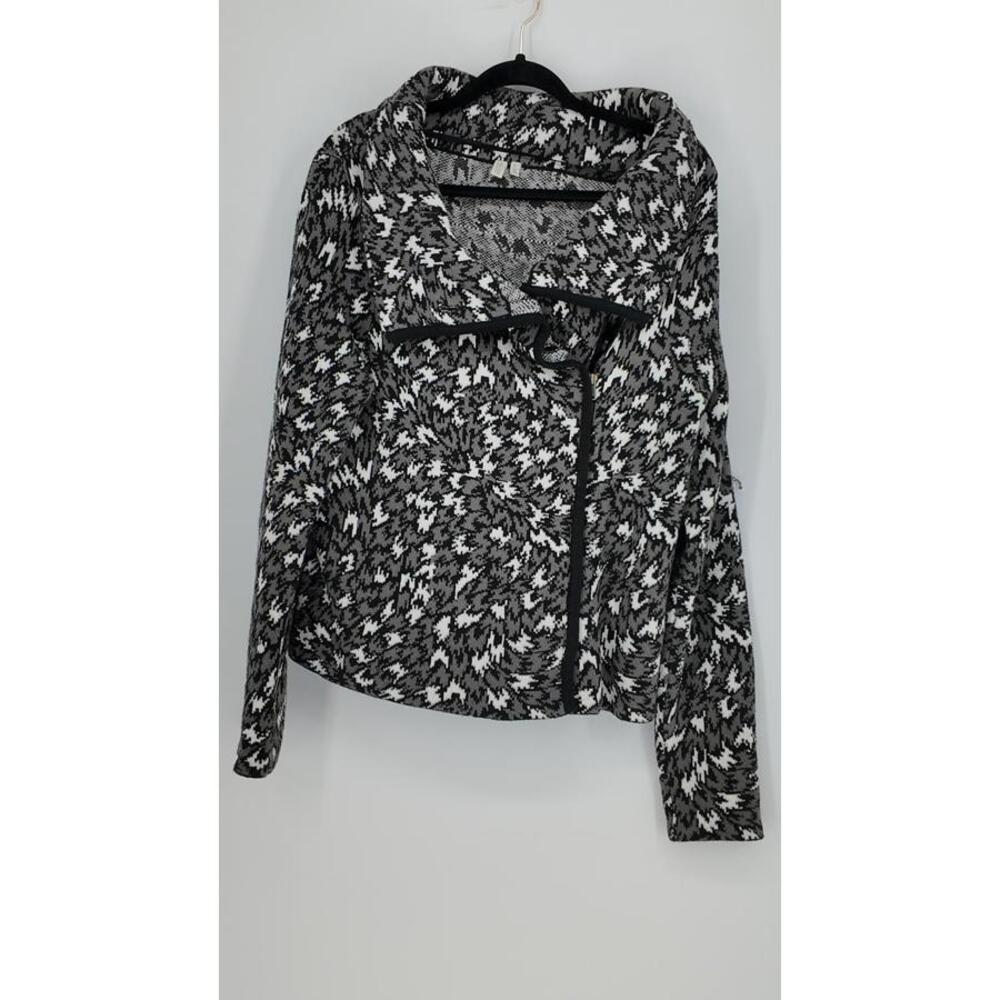 Madison Women's Large Cotton Knit Zip-Up Jacket Black White Gray Pattern‎